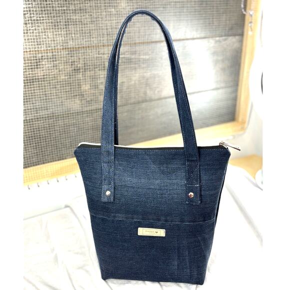 Handmade Upcycled Color Block Embroidered Shoulder Tote Bag Cotton Lined Pockets - Picture 2 of 12